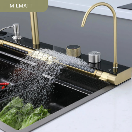 Set chiuveta bucatarie, Milmatt, multifunctionala, cu afisaj led, baterie cu dus extractibil, 2 cascade, dispozitiv spalare pahare, dozator sapun,otel inoxidabil 3 mm, culoare NEGRU SI AURIU, 75 x 46  [6]