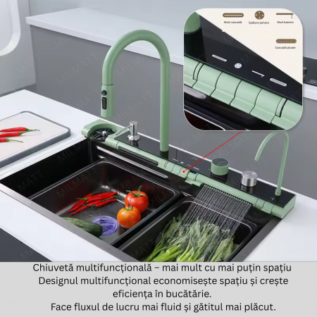 Set chiuveta bucatarie, Milmatt, multifunctionala, cu afisaj led, baterie cu dus extractibil, 2 cascade, spalator pahare, dozator sapun,otel inoxidabil 3 mm, culoare NEGRU SI VERDE, 75 x 46 cm [5]