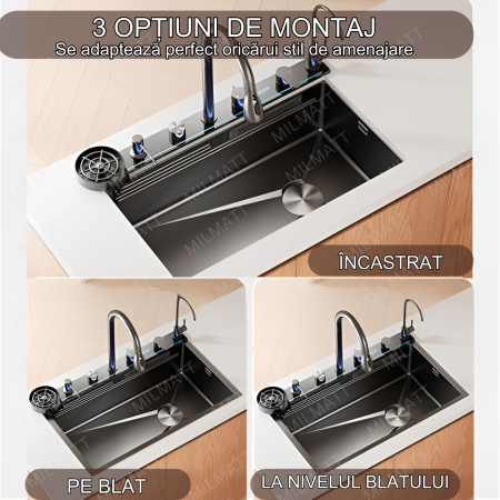 Set chiuveta bucatarie, Milmatt, multifunctionala, cu afisaj led, baterie cu dus extractibil, elemente interschimbabile, 2 cascade, otel inoxidabil 3 mm, culoare gun metal, 75 x 46 x 22 cm [4]