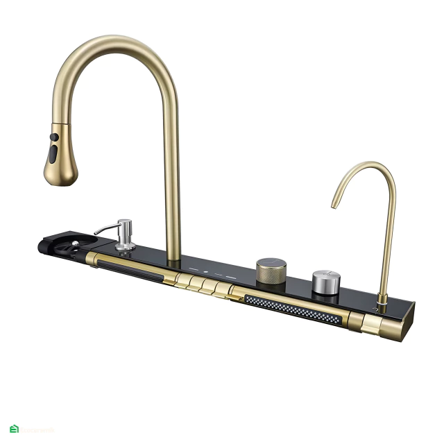 Set chiuveta bucatarie, Milmatt, multifunctionala, cu afisaj led, baterie cu dus extractibil, 2 cascade, dispozitiv spalare pahare, dozator sapun,otel inoxidabil 3 mm, culoare NEGRU SI AURIU, 75 x 46  [15]