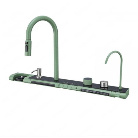 Set chiuveta bucatarie, Milmatt, multifunctionala, cu afisaj led, baterie cu dus extractibil, 2 cascade, spalator pahare, dozator sapun,otel inoxidabil 3 mm, culoare NEGRU SI VERDE, 75 x 46 cm [20]