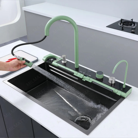 Set chiuveta bucatarie, Milmatt, multifunctionala, cu afisaj led, baterie cu dus extractibil, 2 cascade, spalator pahare, dozator sapun,otel inoxidabil 3 mm, culoare NEGRU SI VERDE, 75 x 46 cm [2]
