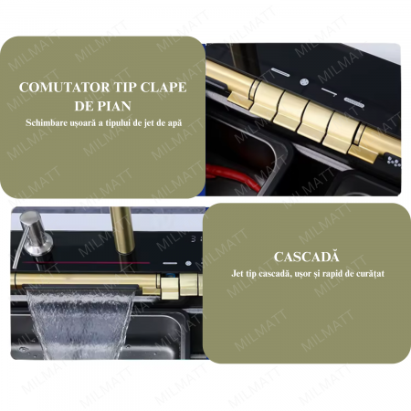 Set chiuveta bucatarie, Milmatt, multifunctionala, cu afisaj led, baterie cu dus extractibil, 2 cascade, dispozitiv spalare pahare, dozator sapun,otel inoxidabil 3 mm, culoare NEGRU SI AURIU, 75 x 46  [3]