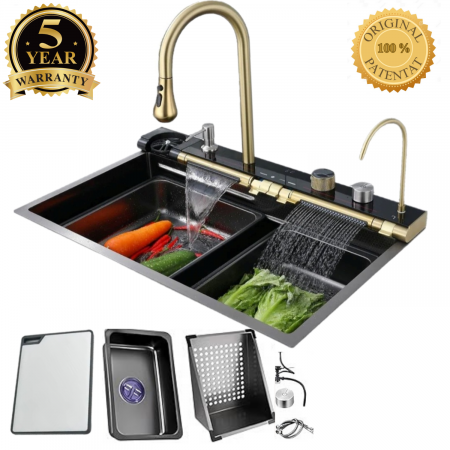 Chiuvete bucătărie - Set chiuveta bucatarie, Milmatt, multifunctionala, cu afisaj led, baterie cu dus extractibil, 2 cascade, dispozitiv spalare pahare, dozator sapun,otel inoxidabil 3 mm, culoare NEGRU SI AURIU, 75 x 46 