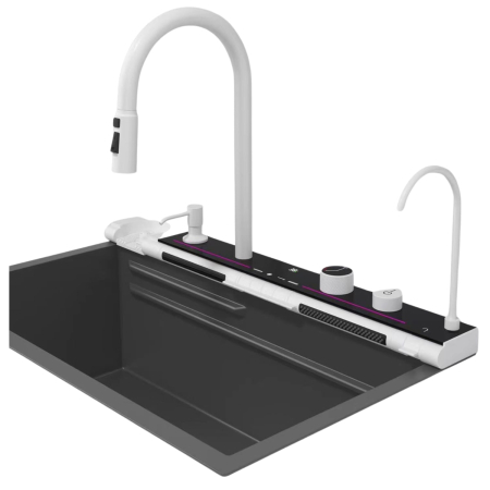 Set chiuveta bucatarie, Milmatt, multifunctionala, cu afisaj led, baterie cu dus extractibil, 2 cascade, dispozitiv spalare pahare, otel inoxidabil 3 mm, culoare NEGRU SI ALB, 75 x 46 cm [2]