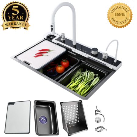 Chiuvete bucătărie - Set chiuveta bucatarie, Milmatt, multifunctionala, cu afisaj led, baterie cu dus extractibil, 2 cascade, dispozitiv spalare pahare, otel inoxidabil 3 mm, culoare NEGRU SI ALB, 75 x 46 cm