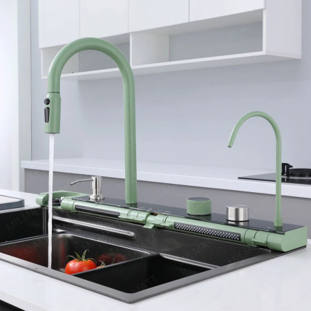 Set chiuveta bucatarie, Milmatt, multifunctionala, cu afisaj led, baterie cu dus extractibil, 2 cascade, spalator pahare, dozator sapun,otel inoxidabil 3 mm, culoare NEGRU SI VERDE, 75 x 46 cm [3]