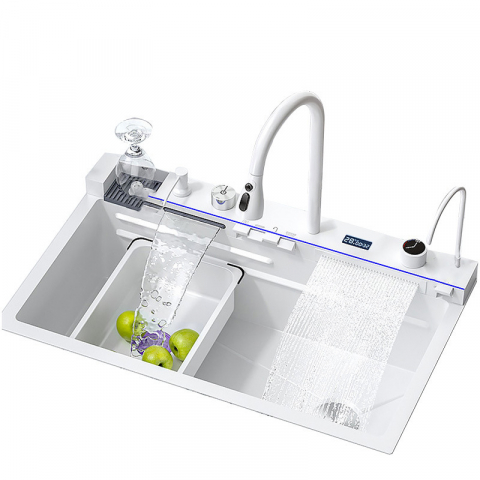 Set chiuveta bucatarie, Milmatt, multifunctionala, cu afisaj led, baterie cu dus extractibil, 2 cascade, spalator pahare, dozator sapun, robinet apa purificata, otel inoxidabil, sticla alba, culoare a [5]