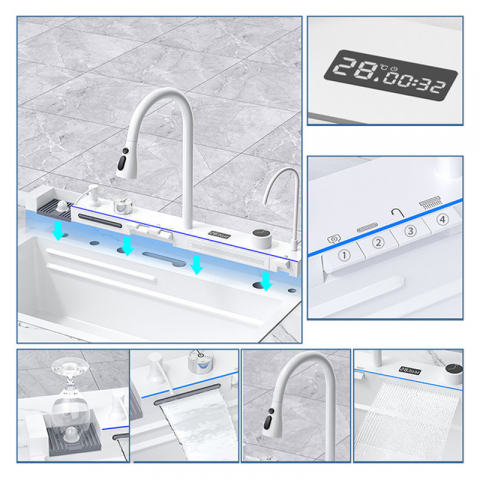 Set chiuveta bucatarie, Milmatt, multifunctionala, cu afisaj led, baterie cu dus extractibil, 2 cascade, spalator pahare, dozator sapun, robinet apa purificata, otel inoxidabil, sticla alba, culoare a [6]