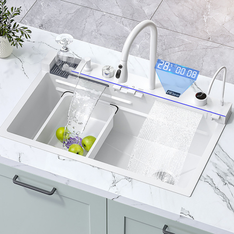 Chiuvete bucătărie - Set chiuveta bucatarie, Milmatt, multifunctionala, cu afisaj led, baterie cu dus extractibil, 2 cascade, spalator pahare, dozator sapun, robinet apa purificata, otel inoxidabil, sticla alba, culoare a