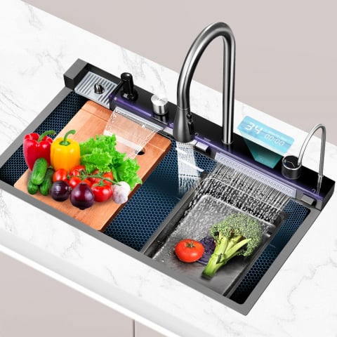 Chiuvetă Bucătărie Multifuncțională cu Accesorii – Cos Scurgere, Tocător, Baterie Cascadă, Spălător Pahare [21]