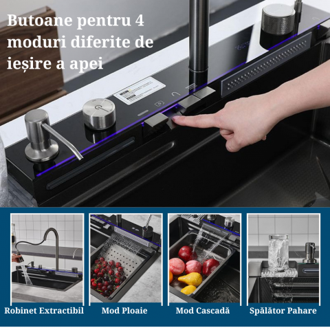 Chiuvetă Bucătărie Multifuncțională cu Accesorii – Cos Scurgere, Tocător, Baterie Cascadă, Spălător Pahare [6]
