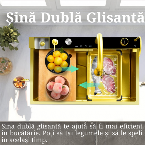 Set chiuveta bucatarie, Milmatt, multifunctionala, cu afisaj led, baterie cu dus extractibil, 2 cascade , spalator pahare, dozator sapun, robinet apa purificata, otel inoxidabil, culoare auriu , 750* [8]