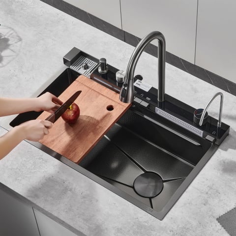Chiuvetă Bucătărie Multifuncțională cu Accesorii – Cos Scurgere, Tocător, Baterie Cascadă, Spălător Pahare [20]