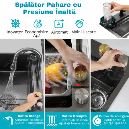 Set chiuveta bucatarie, Milmatt, multifunctionala, finisaj fagure, baterie cu dus extractibil cu 3 functii de spalare + cascada tip fanta, dispozitiv spalare pahare, tocator lemn, cos spalare/stoarcer [3]