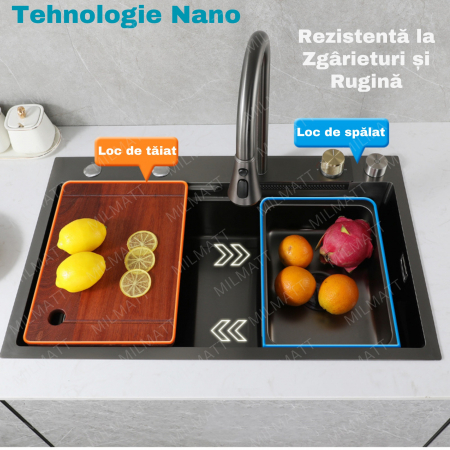 Set chiuveta bucatarie, Milmatt, multifunctionala, finisaj fagure, baterie cu dus extractibil cu 3 functii de spalare + cascada tip fanta, dispozitiv spalare pahare, tocator lemn, cos spalare/stoarcer [10]