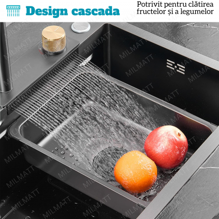 Set chiuveta bucatarie, Milmatt, multifunctionala, finisaj fagure, baterie cu dus extractibil cu 3 functii de spalare + cascada tip fanta, dispozitiv spalare pahare, tocator lemn, cos spalare/stoarcer [9]