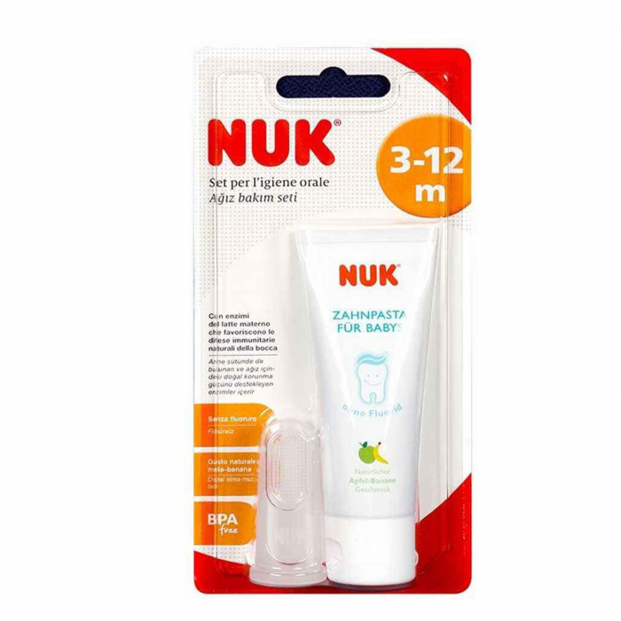 Set doua piese pasta de dinti si degetar din silicon 3-12 luni Nuk 752043, Alb [4]