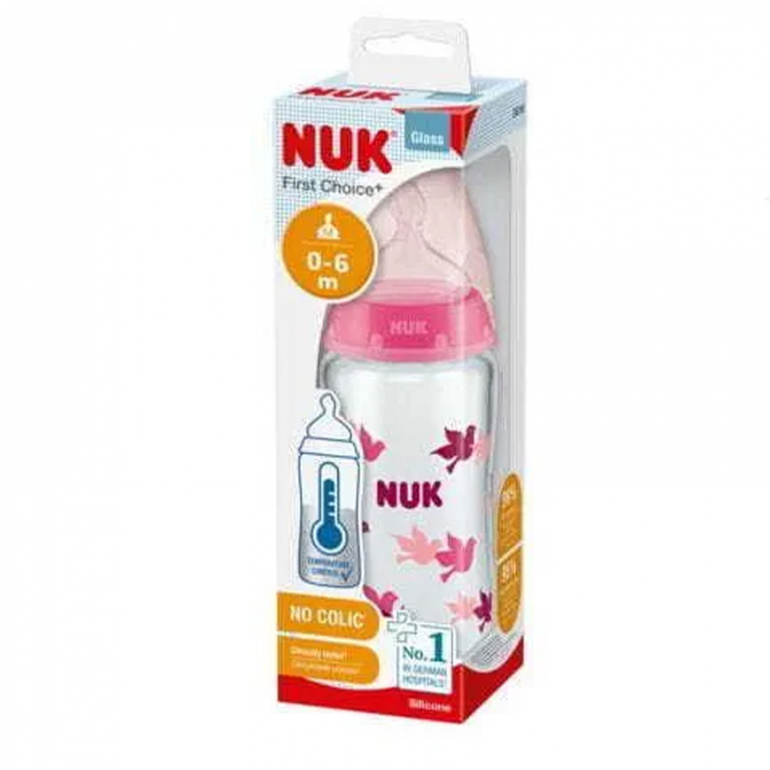 Biberon din sticla cu tetina din silicon pentru fete, cu indicator de temperatura, 240 ml 0-6 luni Nuk First Choice+ 382379-D, Roz [3]