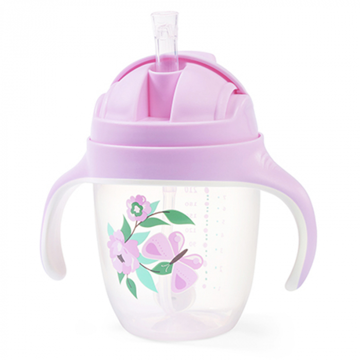Biberon cu pai si manere 240 ml BabyOno Sippy Cup 1464/05, Roz [1]