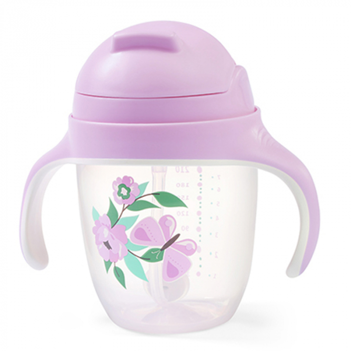 Biberon cu pai si manere 240 ml BabyOno Sippy Cup 1464/05, Roz [2]
