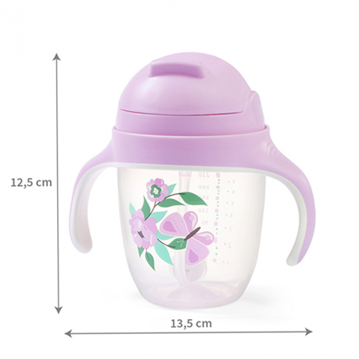 Biberon cu pai si manere 240 ml BabyOno Sippy Cup 1464/05, Roz [7]