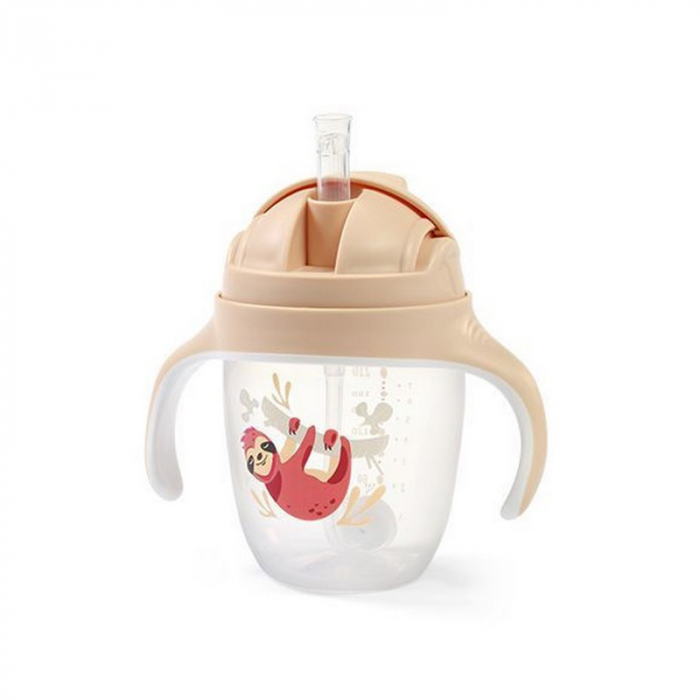 Biberon cu pai si manere 240 ml BabyOno Sippy Cup 1464/04, Crem [2]
