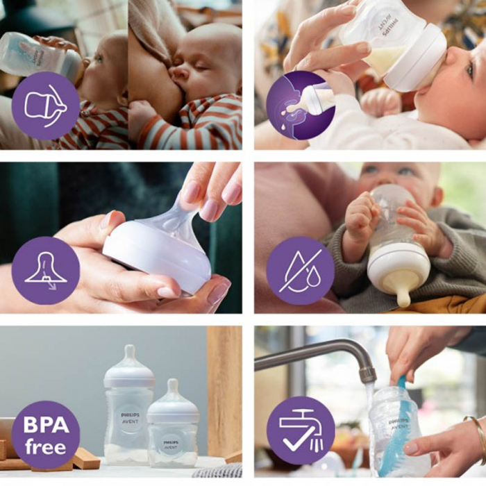 Biberon cu tetina din silicon si dispozitiv anticolici,gaze si reflux 260 ml Philips Natural Response AirFree vent SCY673/01, Transparent [5]