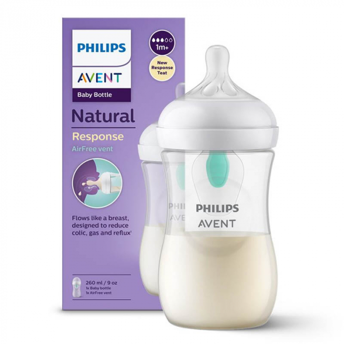 Biberon cu tetina din silicon si dispozitiv anticolici,gaze si reflux 260 ml Philips Natural Response AirFree vent SCY673/01, Transparent [4]