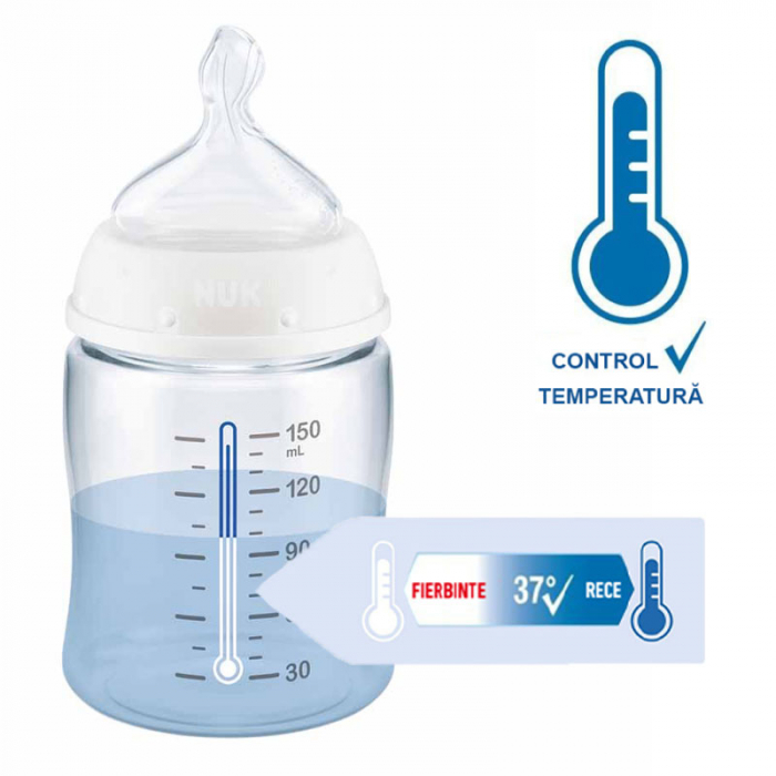 Biberon din polipropilena cu tetina din latex si tetina din silicon 150 ml Nuk First Choice+ 743875-A, Albastru [3]