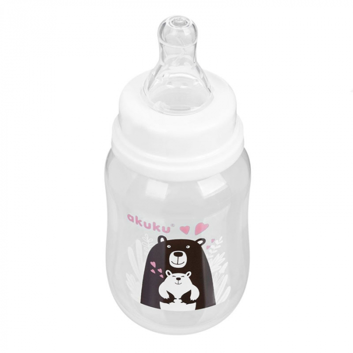 Biberon din polipropilena cu tetina din silicon 125 ml Akuku Feeding Bottle 0-3 luni EN14350-1, Alb [2]