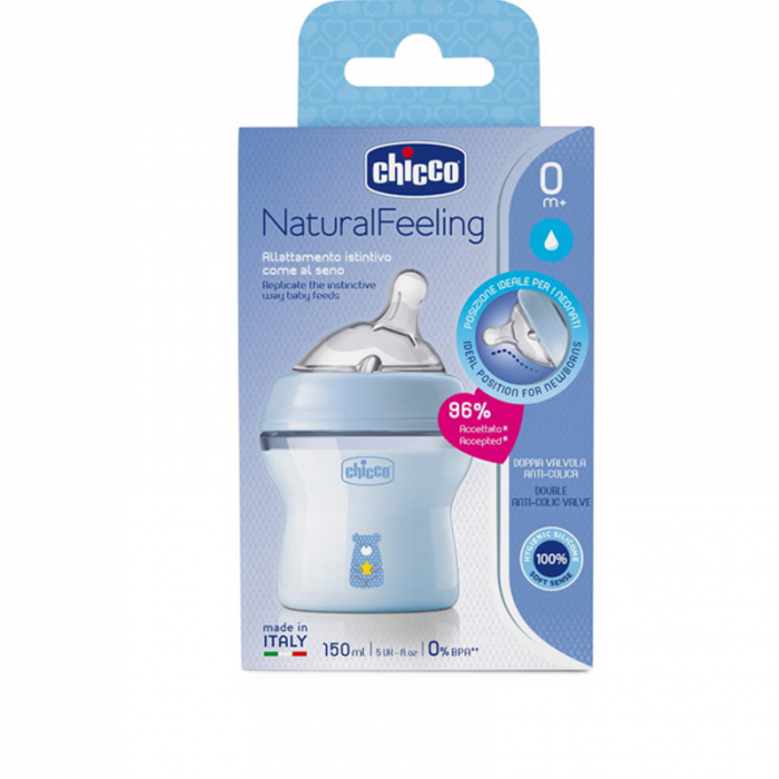Biberon din polipropilena cu tetina din silicon 150 ml Chicco Natural Feeling 153626, Albastru [2]