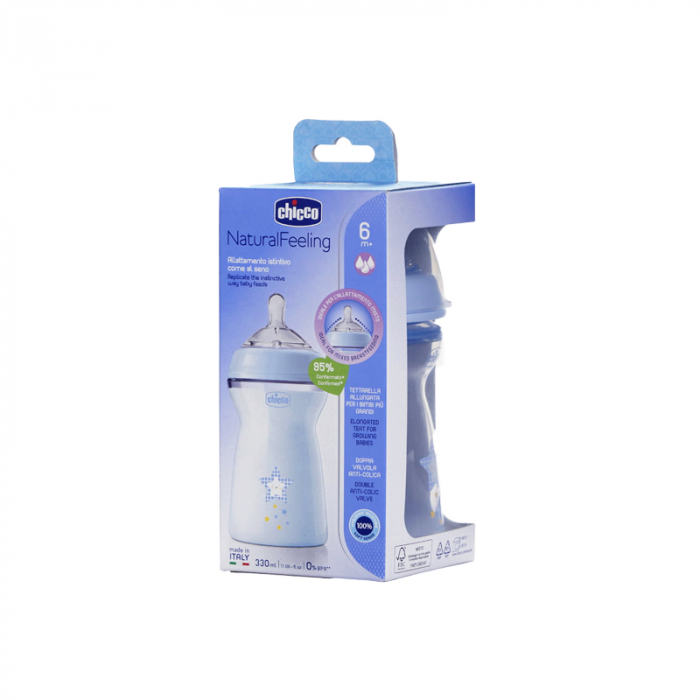 Biberon din polipropilena cu tetina din silicon 330 ml Chicco Natural Feeling 153756, Albastru [2]