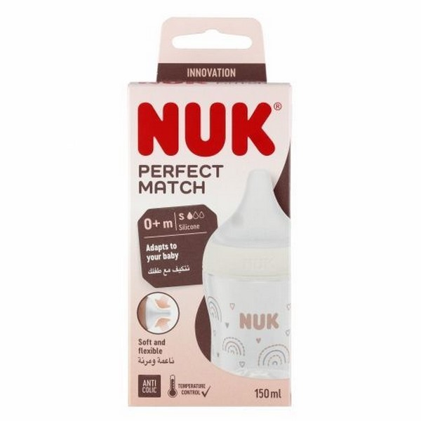 Biberon din polipropilena, cu tetina din silicon anticolici si senzor de temperatura, 150 ml Nuk Perfect Match Hearts, 435907, Alb [3]
