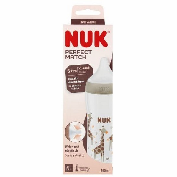 Biberon din polipropilena, cu tetina din silicon anticolici si senzor de temperatura, 360 ml Nuk Perfect Match Giraffe 443445, Alb [3]
