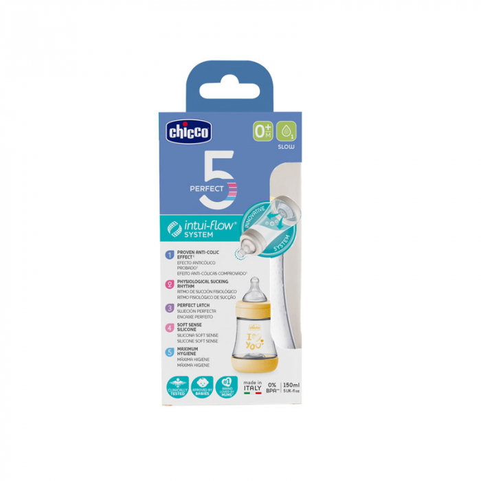 Biberon din sticla cu tetina din silicon 150 ml Chicco Perfect 5 153879, Galben [3]