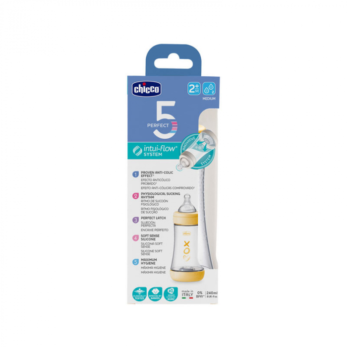 Biberon din sticla cu tetina din silicon 240 ml Chicco Perfect 5 153930, Galben [2]