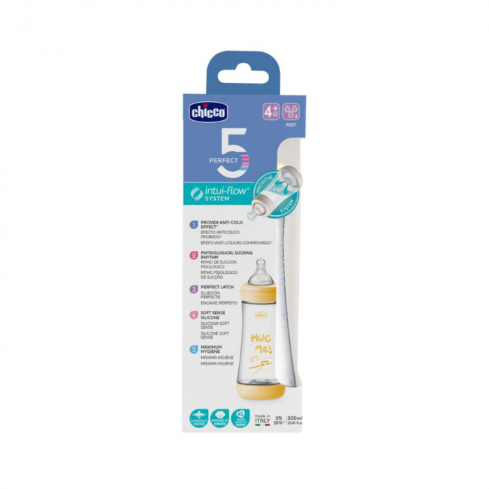 Biberon din sticla cu tetina din silicon 300 ml Chicco Perfect 5 153992, Galben [2]