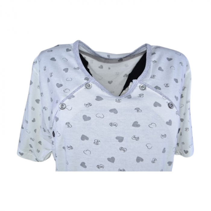 Camasa de noapte, cu maneca scurta, cu inimioare, pentru alaptat, Sevgi 3217A, Alb [2]