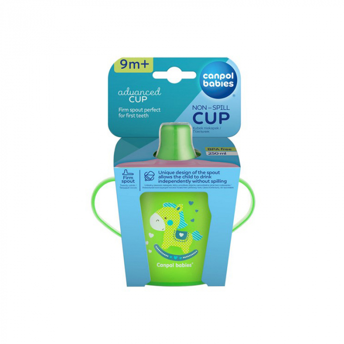 Cana anticurgere cu manere si cioc din plastic, 250 ml Canpol Babies 31/200, Verde [2]