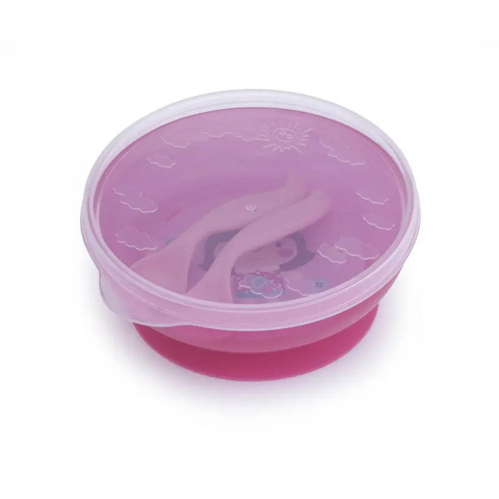 Castron cu ventuza, capac si tacamuri pentru copii 9 luni + 350 ml Canpol Babies 21/300R, Roz [2]