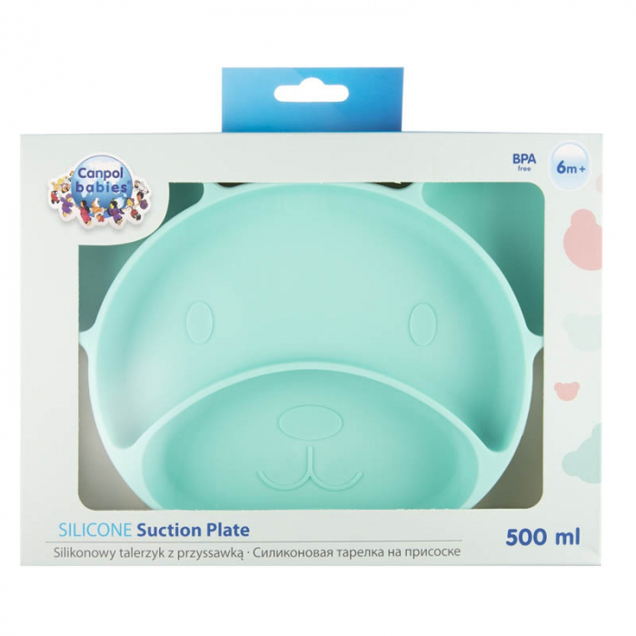 Farfurie din silicon cu ventuza pentru copii 6 luni + 500 ml Canpol Babies 51/401, Turcoaz [3]