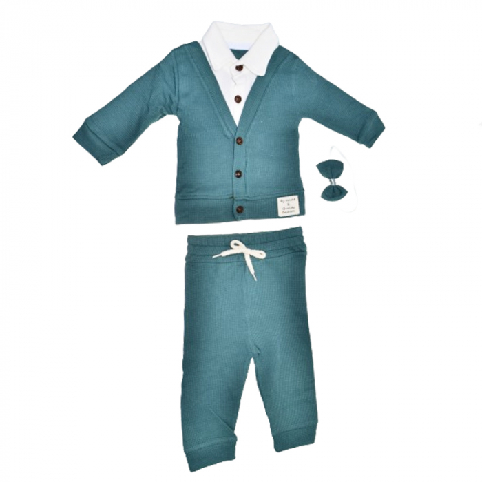 Compleu 3 piese pantaloni, papion si cardigan pentru baieti Mini Junior COMP-MJ17, Verde [1]
