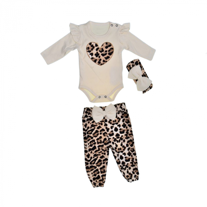 Compleu 3 piese pantaloni, body si bentita pentru fete Mini Junior SETMJ-14, Crem [1]