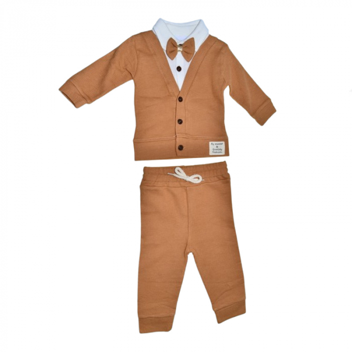 Compleu 3 piese pantaloni, papion si cardigan pentru baieti Mini Junior SETMJ-41, Maro [1]