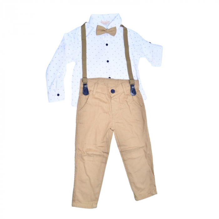 Compleu 4 piese pantaloni, camasa, papion si bretele pentru baieti Mini Junior, COMP-2407-B, Bej [1]