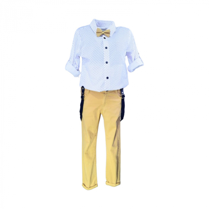 Compleu 4 piese pantaloni, camasa, papion si bretele pentru baieti Mini Junior COMP-5810, Bej [5]