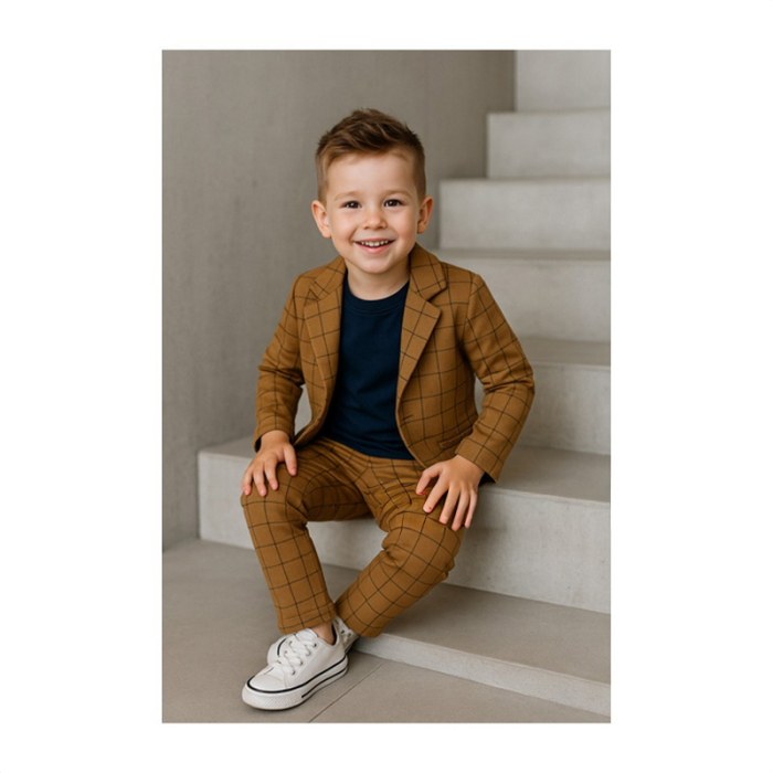 Costum casual de bumbac, în carouri, pentru baieti, GT 9840-92, Maro [2]