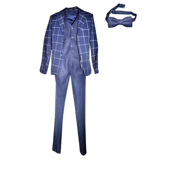 Costum elegant din 4 piese, Slim Fit, model in carouri, pentru baieti, LA Kids 1807-21, Bleumarin [1]