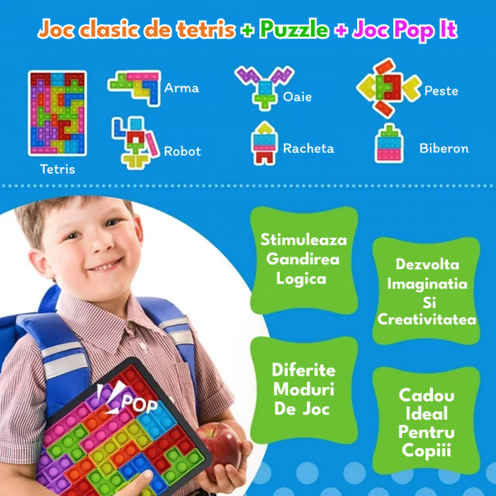 Joc clasic de tetris+Puzzle+Joc Pop It cu 24 de piese multicolore din silicon, 3+ani, WP1510 [4]